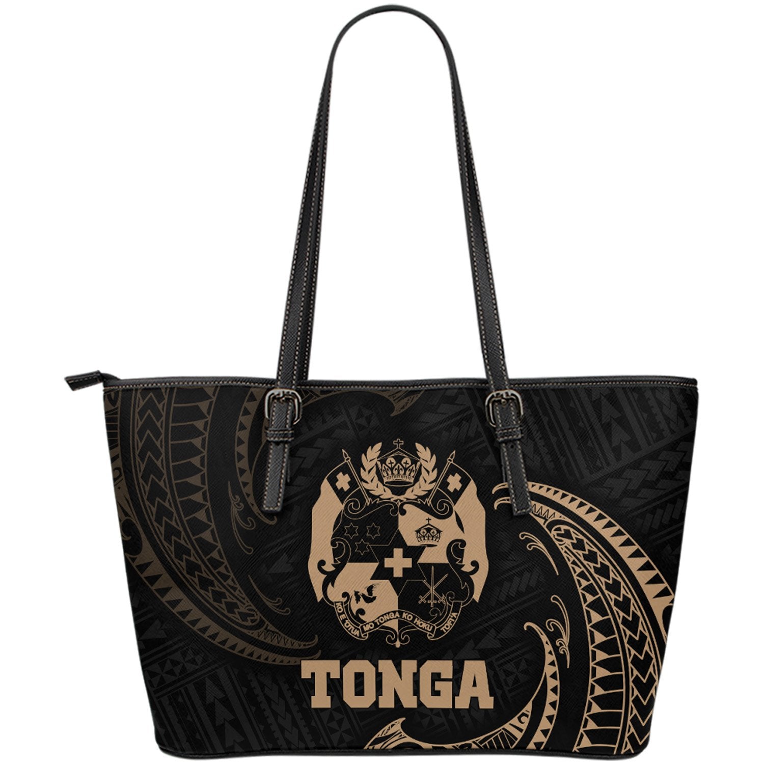 Tonga Polynesian Leather Tote Bag - Gold Tribal Wave Black - Polynesian Pride