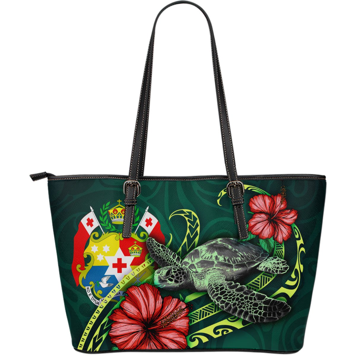 Tonga Polynesian Leather Tote Bag - Green Turtle Hibiscus Green - Polynesian Pride