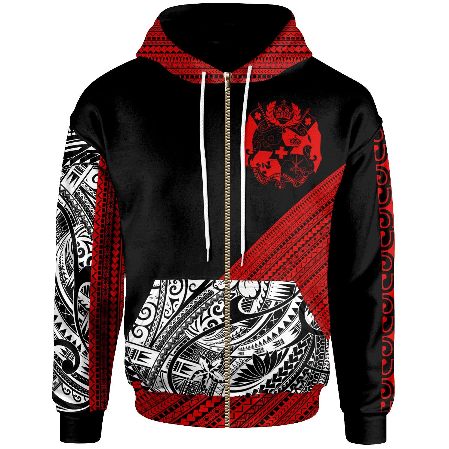 Tonga Custom Zip Hoodie Polynesian Diagonal Pattern Red Unisex Red - Polynesian Pride