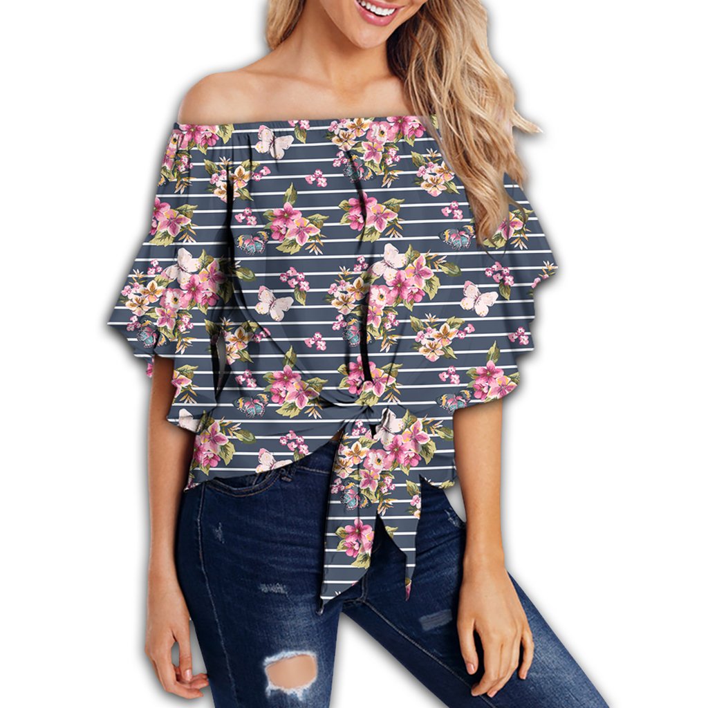 Tropical Butterfly Pink Women's Off Shoulder Wrap Waist Top - AH - Polynesian Pride