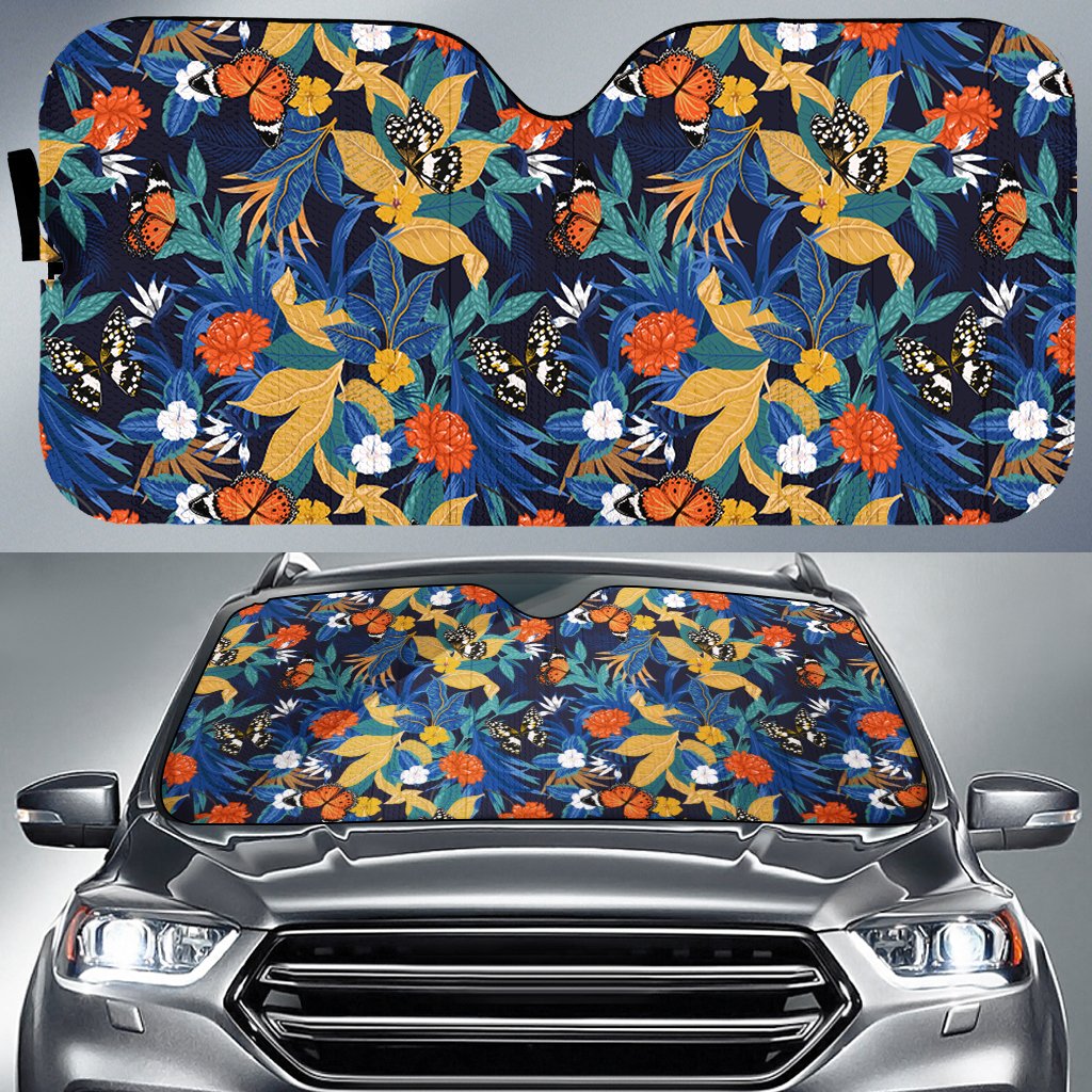Tropical Buttterfly And Flower Hawaii Car Sun Shade Auto Sun Shade Universal Fit White - Polynesian Pride
