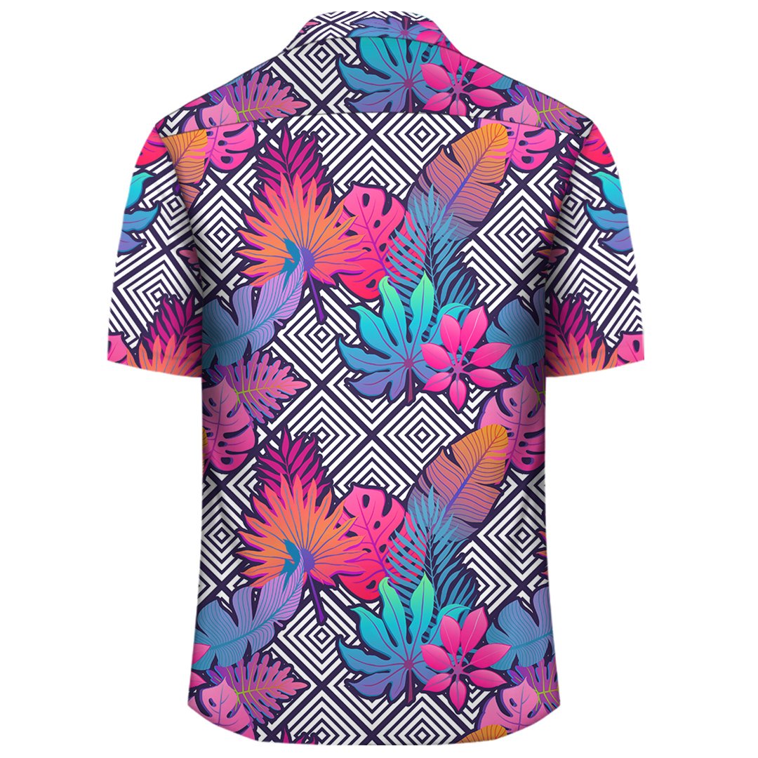 Tropical Exotic Leaves And Flowers On Geometrical Ornament Hawaiian Shirt - Polynesian Pride