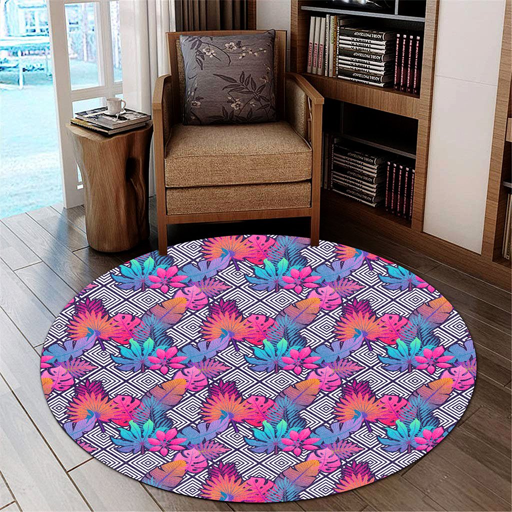 Tropical Exotic Leaves And Flowers On Geometrical Ornament. Round Carpet - AH Round Carpet Luxurious Plush - Polynesian Pride