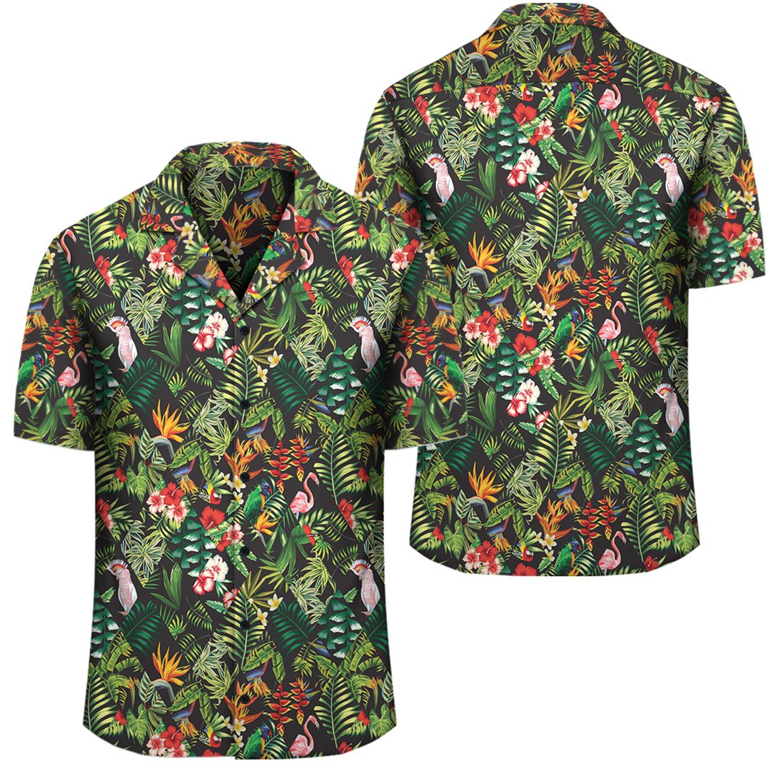 Tropical Flamingo Hibiscus Hawaiian Shirt Unisex Black - Polynesian Pride