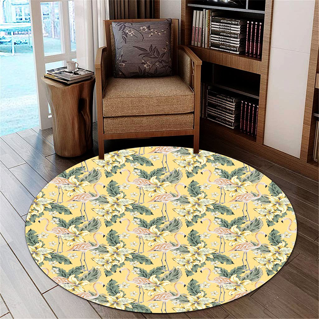 Tropical Flamingo Yellow Round Carpet - AH Round Carpet Luxurious Plush - Polynesian Pride