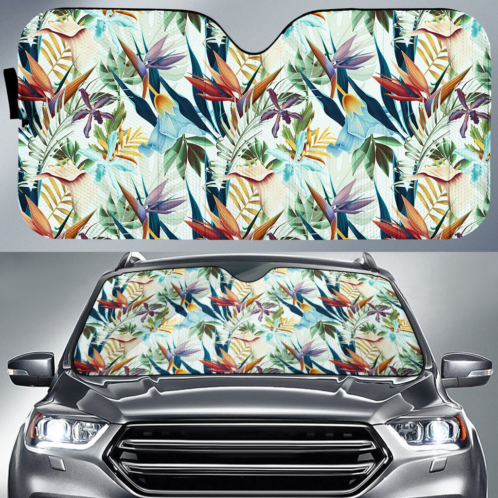Tropical Flower, Plant And Leaf Pattern Hawaii Car Sun Shade Auto Sun Shade Universal Fit White - Polynesian Pride