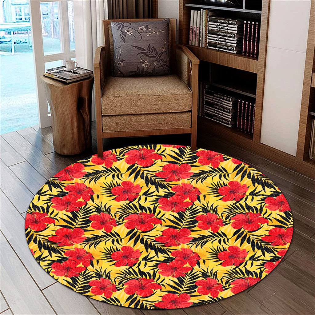 Tropical Flowers And Palm Leaves Round Carpet - AH Round Carpet Luxurious Plush - Polynesian Pride