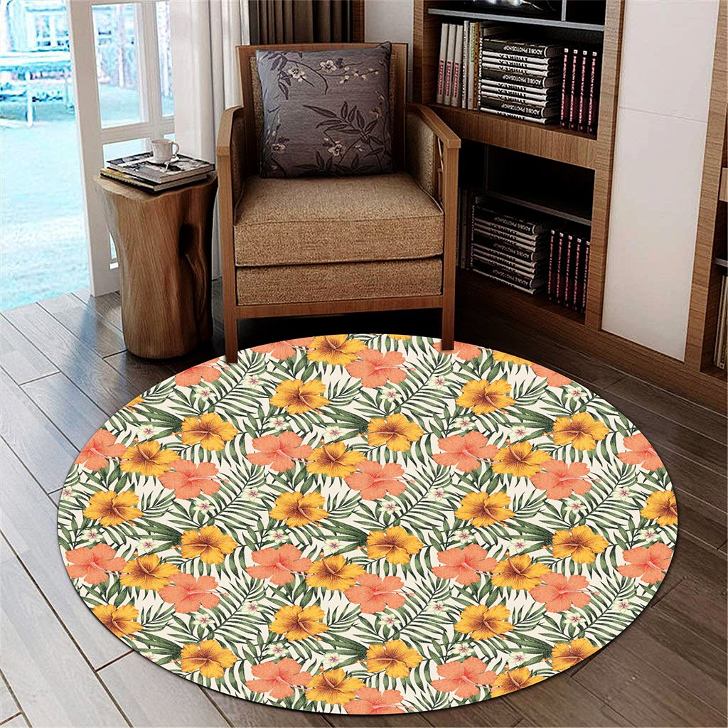 Tropical Flowers Hibiscus Pink Yellow Round Carpet - AH Round Carpet Luxurious Plush - Polynesian Pride