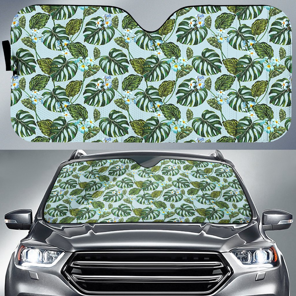 Tropical Flowers Monstera Leaf Hawaii Car Sun Shade Auto Sun Shade Universal Fit White - Polynesian Pride