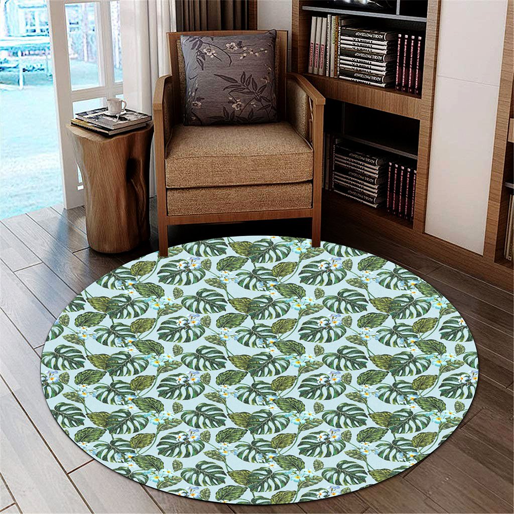 Tropical Flowers Monstera Leaf Round Carpet - AH Round Carpet Luxurious Plush - Polynesian Pride