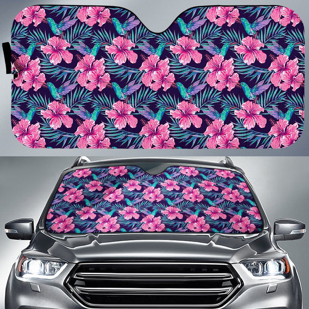 Tropical Flowers With Hummingbirds Palm Leaves Hawaii Car Sun Shade Auto Sun Shade Universal Fit White - Polynesian Pride