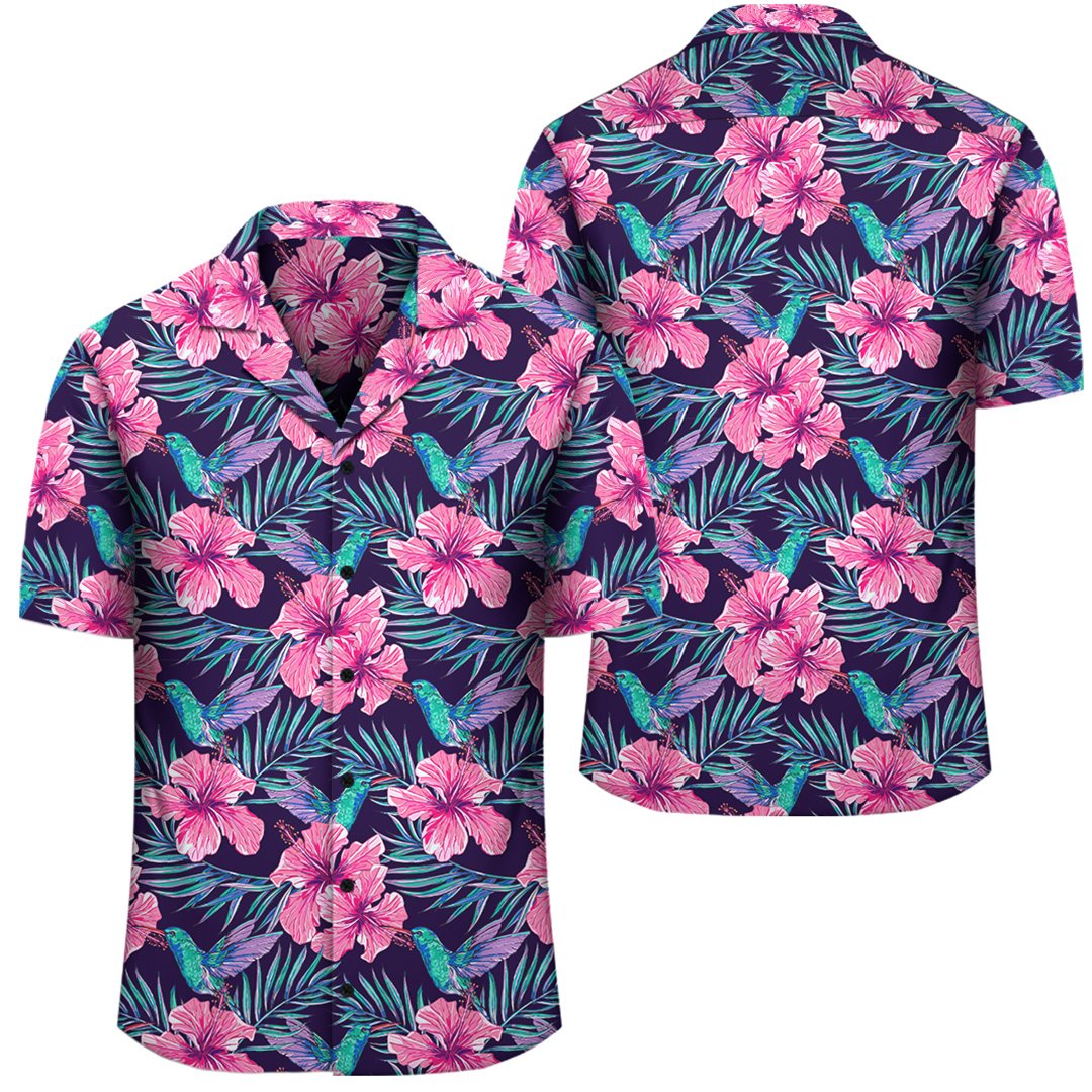 Tropical Flowers With Hummingbirds Palm Leaves Hawaiian Shirt Unisex Black - Polynesian Pride