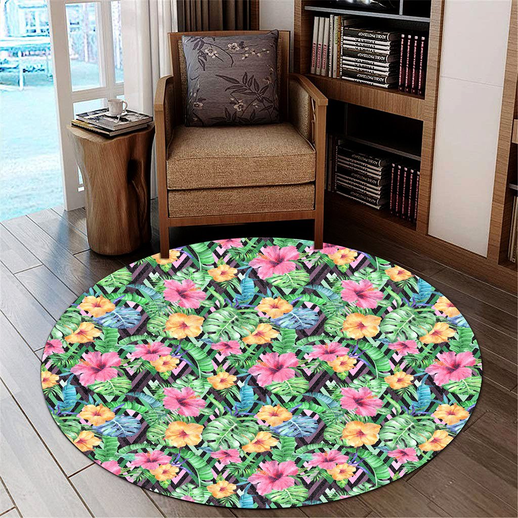 Tropical Hibiscus Banana Leafs Round Carpet - AH Round Carpet Luxurious Plush - Polynesian Pride