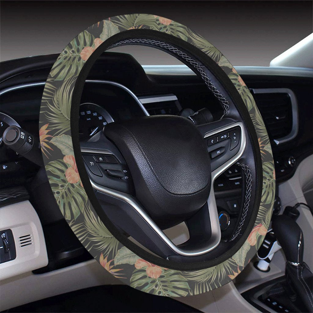 Tropical Hibiscus Monstera Leaf Hawaii Universal Steering Wheel Cover with Elastic Edge - Polynesian Pride