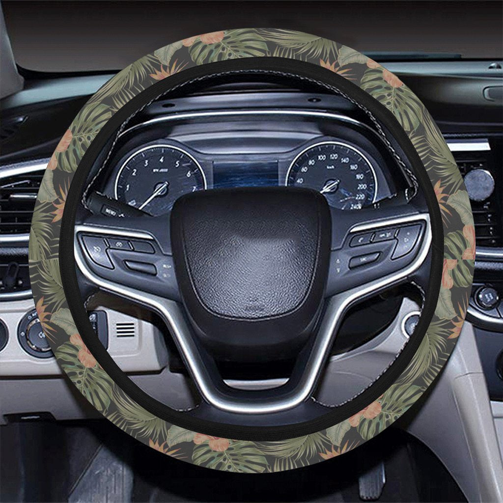 Tropical Hibiscus Monstera Leaf Hawaii Universal Steering Wheel Cover with Elastic Edge - Polynesian Pride