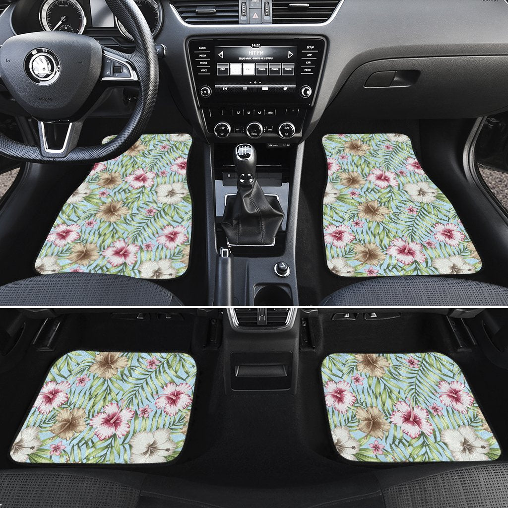 Tropical Hibiscus Palm Leaves Hawaii Car Floor Mats Turquoise One Size - Polynesian Pride