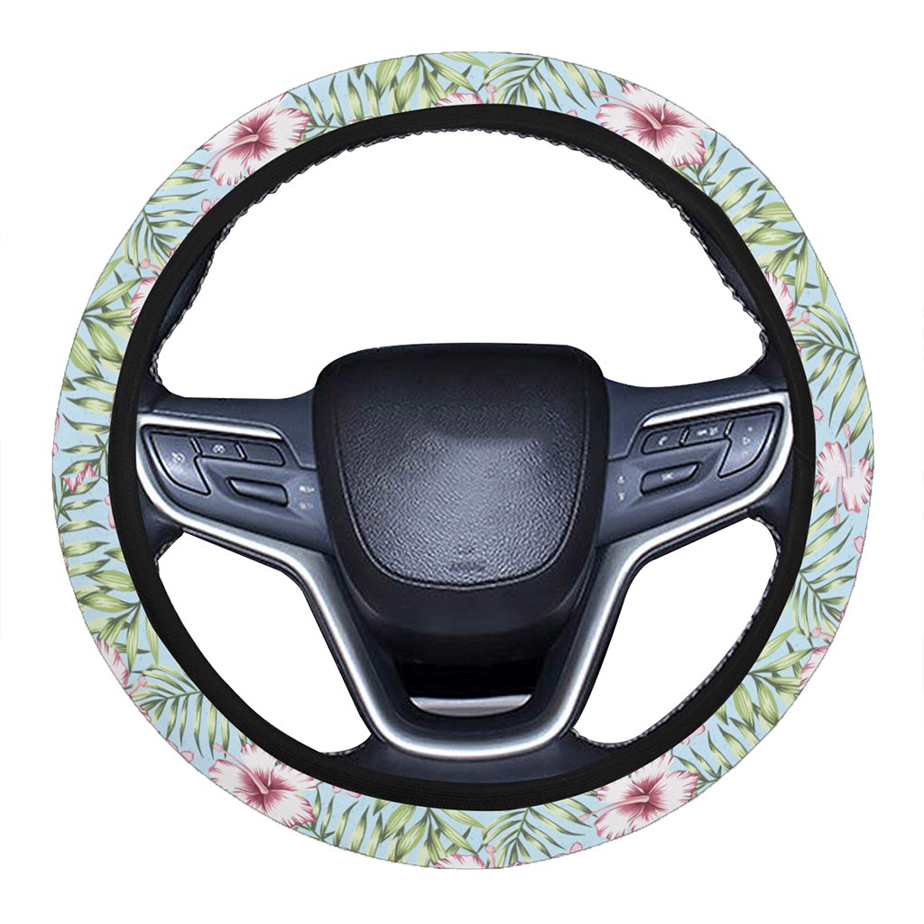 Tropical Hibiscus Palm Leaves Hawaii Universal Steering Wheel Cover with Elastic Edge One Size Blue Steering Wheel Cover - Polynesian Pride