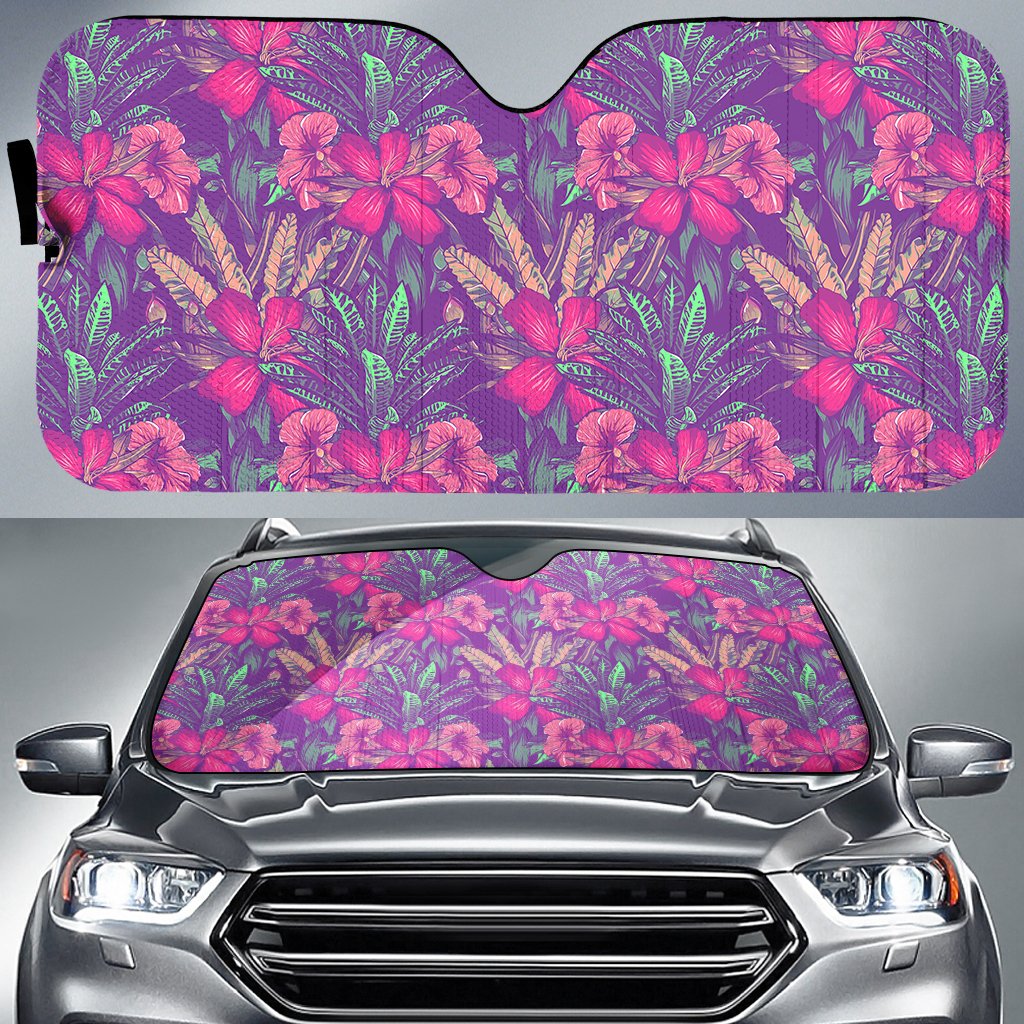 Tropical Hibiscus Purple Hawaii Car Sun Shade Auto Sun Shade Universal Fit White - Polynesian Pride