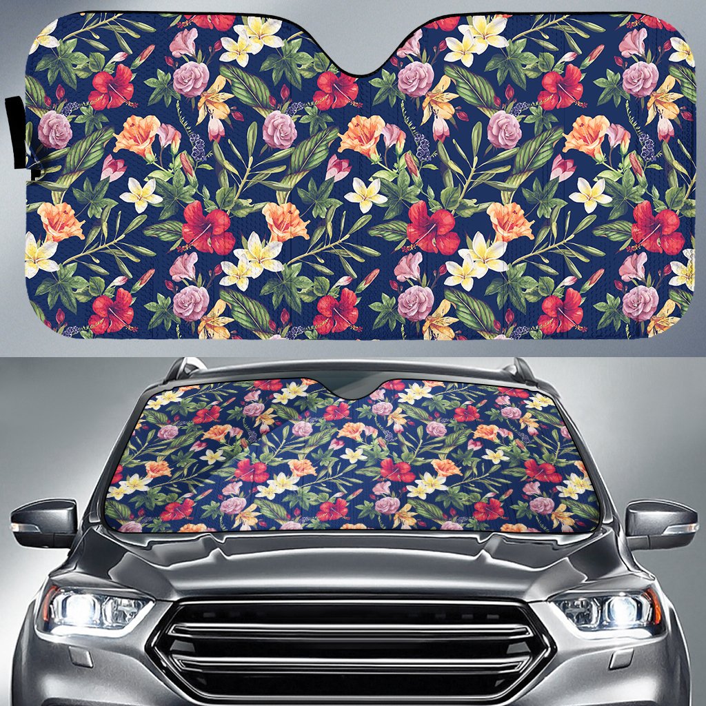 Tropical Hibiscus Red And Plumeria White Hawaii Car Sun Shade Auto Sun Shade Universal Fit Red - Polynesian Pride