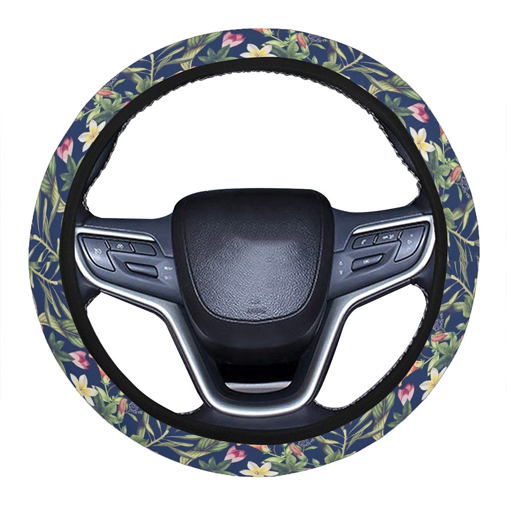 Tropical Hibiscus Red And Plumeria White Hawaii Universal Steering Wheel Cover with Elastic Edge One Size White Steering Wheel Cover - Polynesian Pride