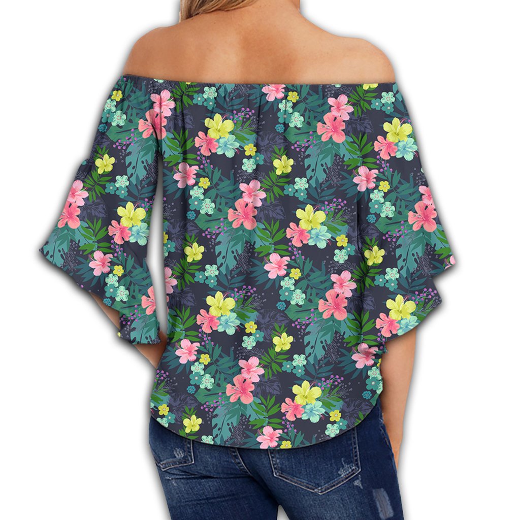 Tropical Hibiscus Women's Off Shoulder Wrap Waist Top - AH - Polynesian Pride