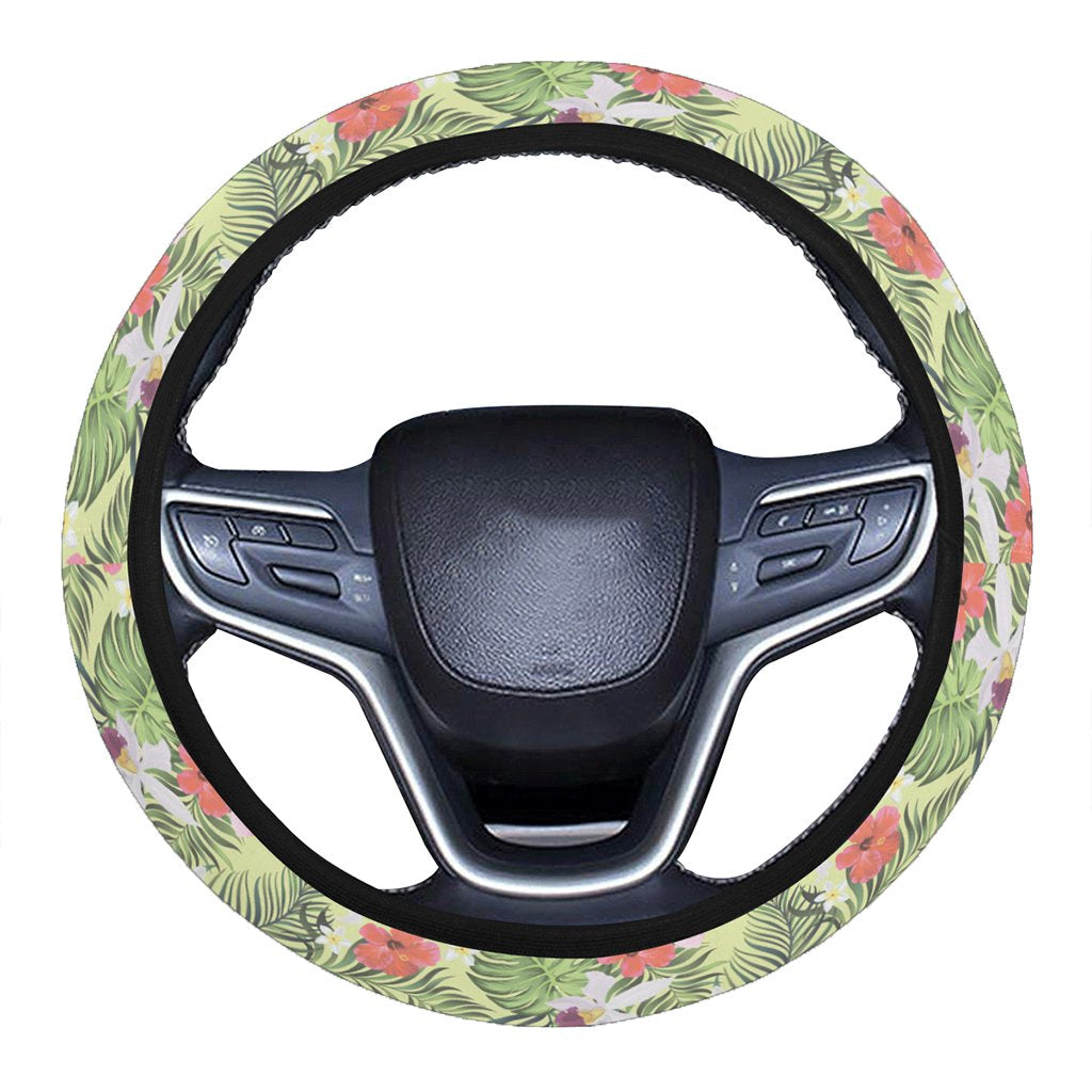 Tropical Hibiscus, Plumeria Green Hawaii Universal Steering Wheel Cover with Elastic Edge One Size Green Steering Wheel Cover - Polynesian Pride