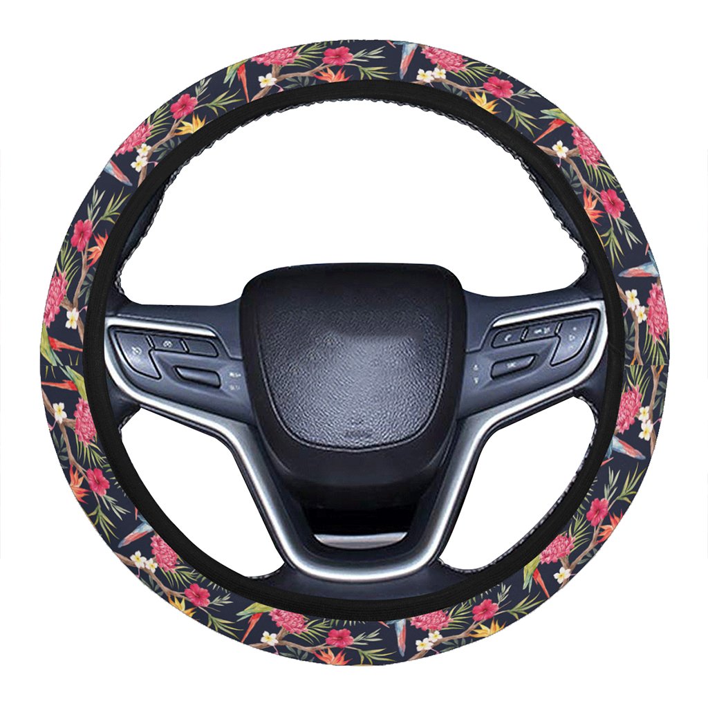 Tropical Hibiscus, Strelitzia Palm Leaves Hawaii Universal Steering Wheel Cover with Elastic Edge One Size Blue Steering Wheel Cover - Polynesian Pride