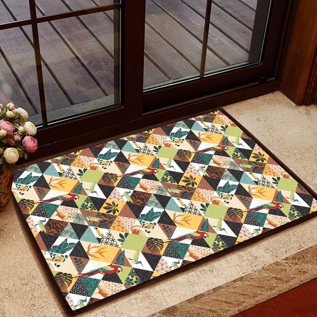 Tropical Jungle Parrots And Flamingos Pattern Hawaii Door Mat Door Mat Black - Polynesian Pride
