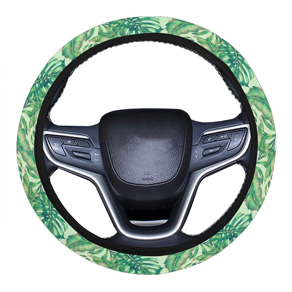 Tropical Leaves Jungle Monstera Leaf Hawaii Universal Steering Wheel Cover with Elastic Edge One Size Blue Steering Wheel Cover - Polynesian Pride