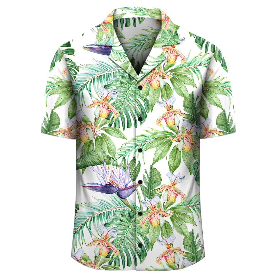 Tropical Orange Orchids Strelitzia Monstera Hawaiian Shirt - Polynesian Pride