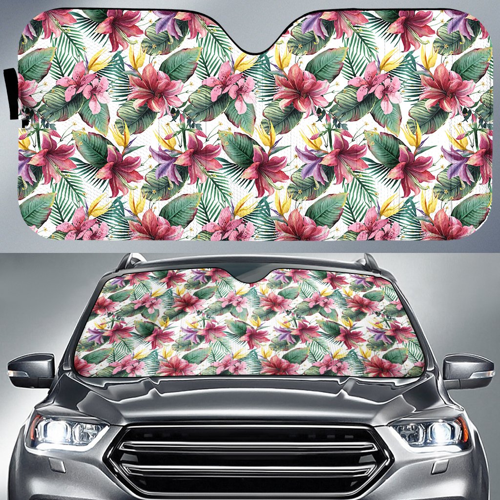 Tropical Palm Leaf White Hawaii Car Sun Shade Auto Sun Shade Universal Fit White - Polynesian Pride