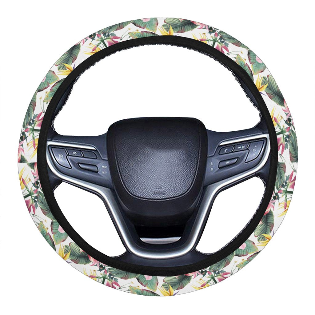 Tropical Palm Leaf White Hawaii Universal Steering Wheel Cover with Elastic Edge One Size White Steering Wheel Cover - Polynesian Pride