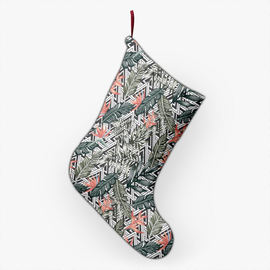 Tropical Palm Leaves And Flowers Christmas Stocking 26 X 42 cm Black Christmas Stocking - Polynesian Pride