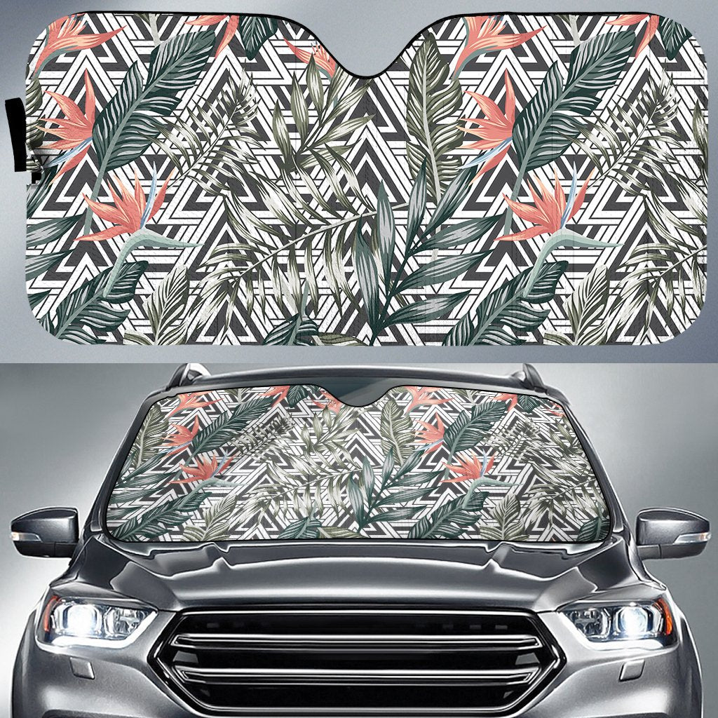 Tropical Palm Leaves And Flowers Hawaii Car Sun Shade Auto Sun Shade Universal Fit White - Polynesian Pride