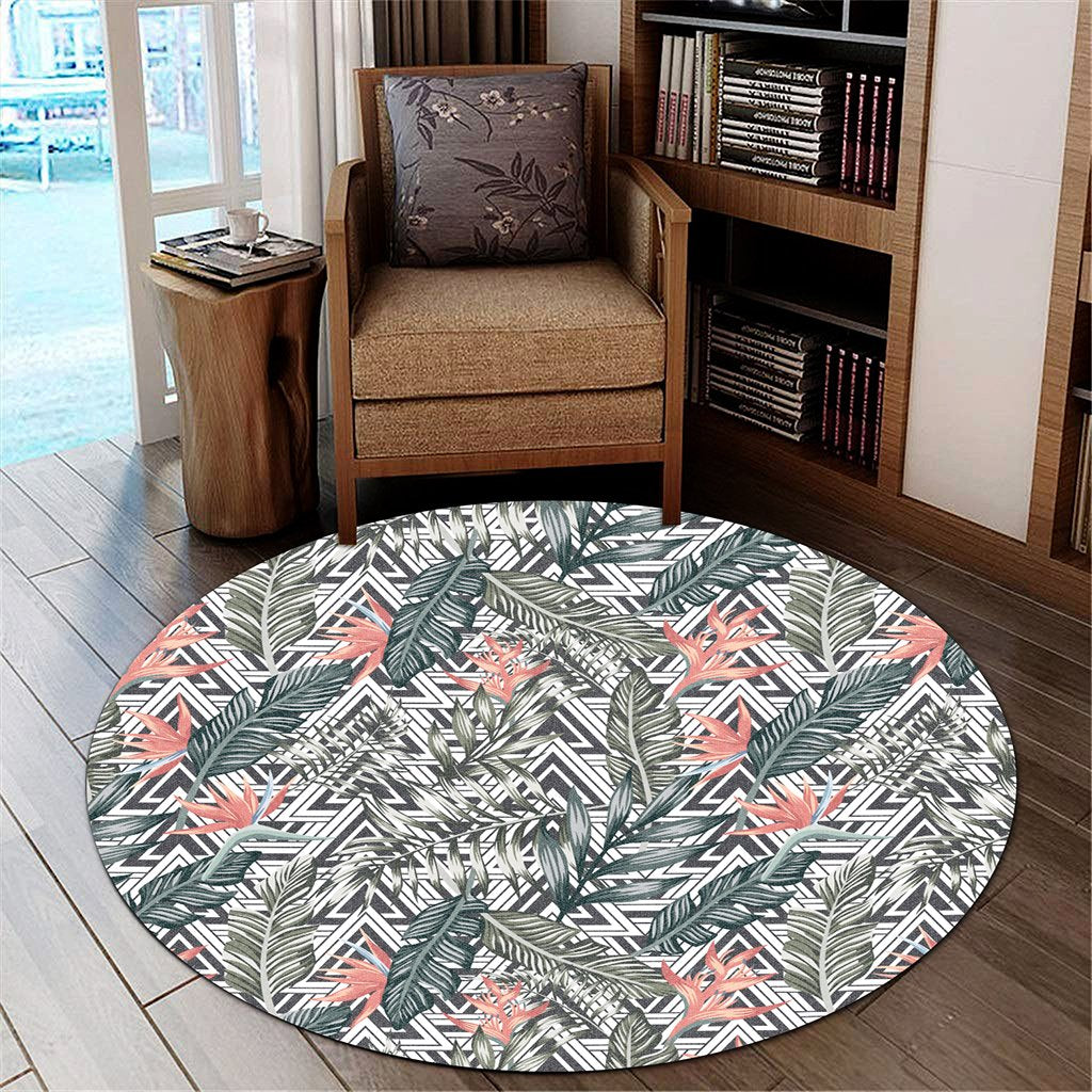 Tropical Palm Leaves And Flowers Round Carpet - AH Round Carpet Luxurious Plush - Polynesian Pride