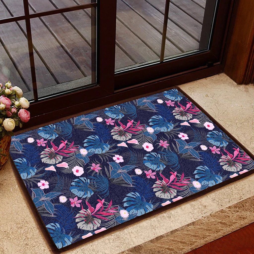 Tropical Palm Tree And Flower Hawaii Door Mat Door Mat Black - Polynesian Pride
