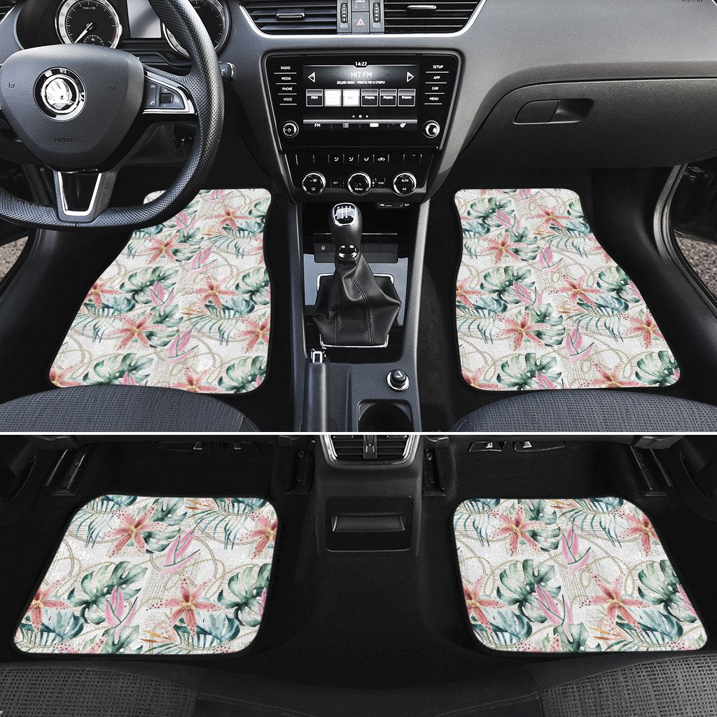 Tropical Pattern With Orchids Leaves And Gold Chains Hawaii Car Floor Mats Gold One Size - Polynesian Pride