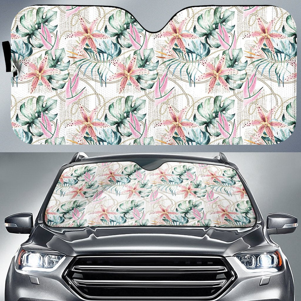 Tropical Pattern With Orchids Leaves And Gold Chains Hawaii Car Sun Shade Auto Sun Shade Universal Fit Gold - Polynesian Pride
