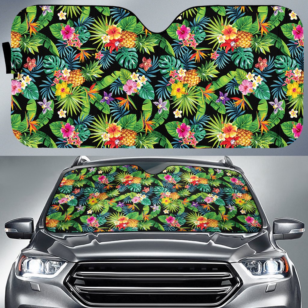 Tropical Pattern With Pineapples Palm Leaves And Flowers Hawaii Car Sun Shade Auto Sun Shade Universal Fit White - Polynesian Pride