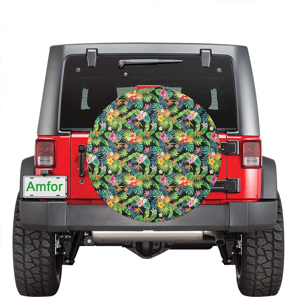 Tropical Pattern With Pineapples Palm Leaves And Flowers Hawaii Spare Tire Cover - Polynesian Pride