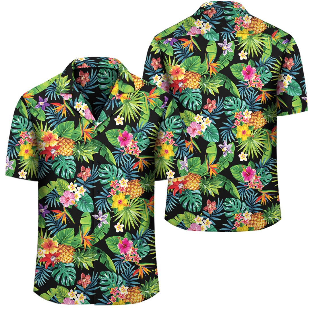 Tropical Pattern With Pineapples Palm Leaves And Flowers Hawaiian Shirt Unisex Black - Polynesian Pride
