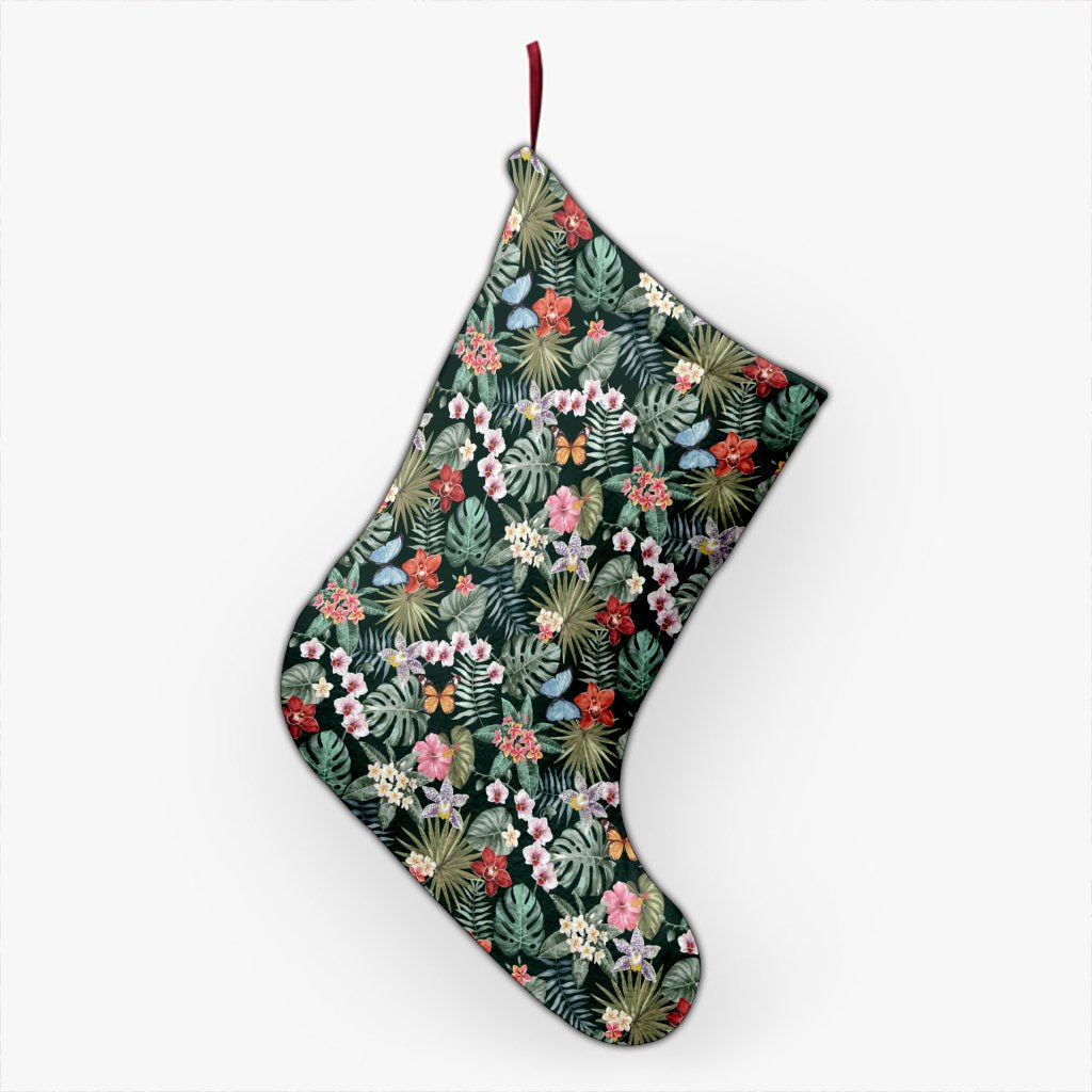 Tropical Plumeria Pattern With Palm Leaves Christmas Stocking 26 X 42 cm Black Christmas Stocking - Polynesian Pride