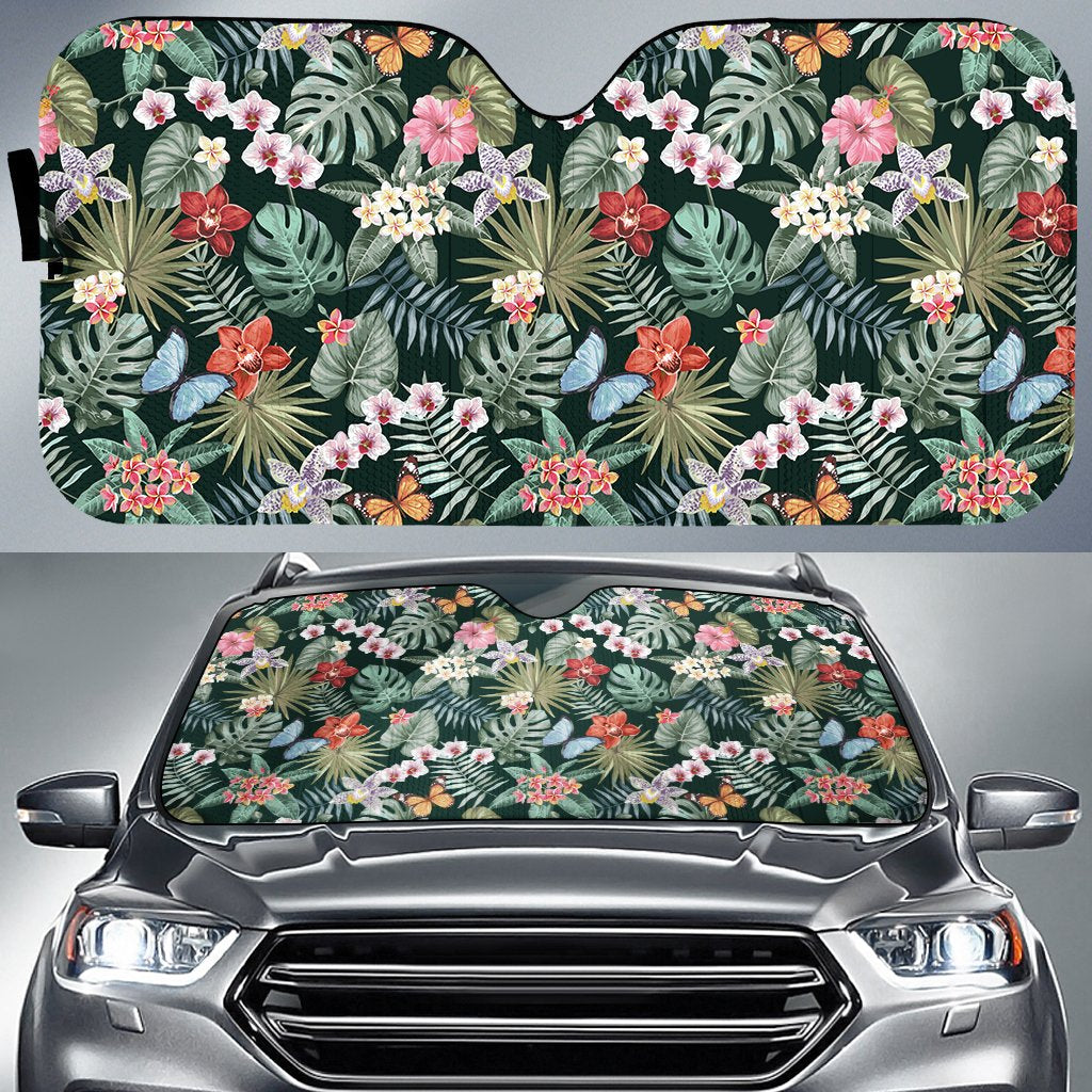 Tropical Plumeria Pattern With Palm Leaves Hawaii Car Sun Shade Auto Sun Shade Universal Fit White - Polynesian Pride