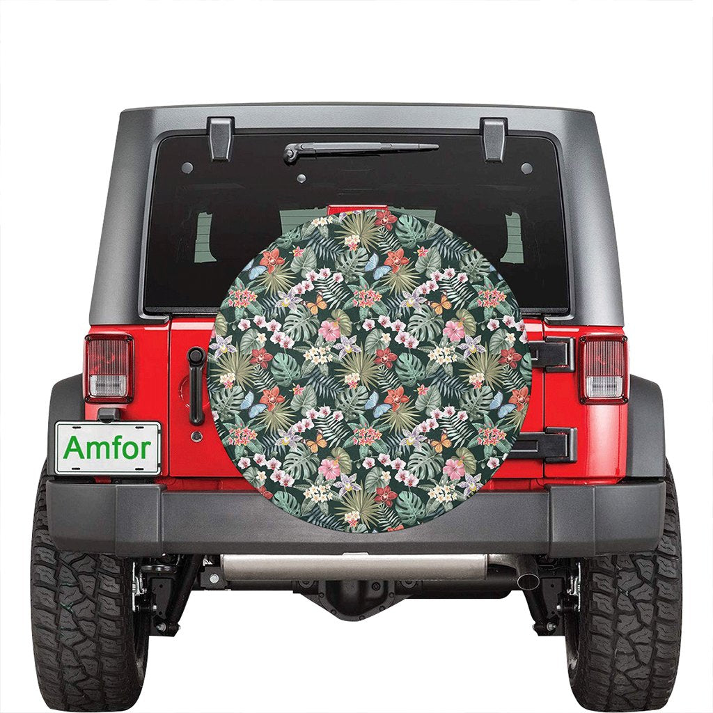 Tropical Plumeria Pattern With Palm Leaves Hawaii Spare Tire Cover - Polynesian Pride