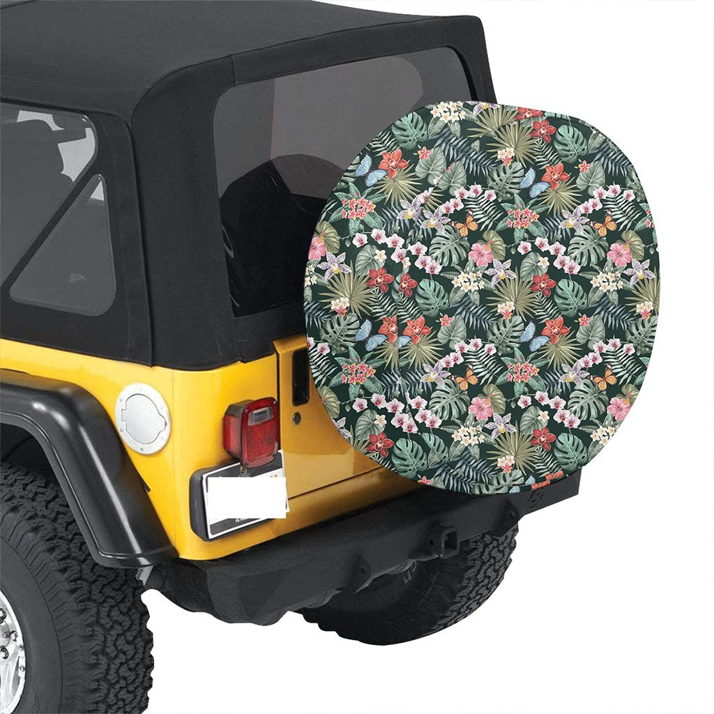 Tropical Plumeria Pattern With Palm Leaves Hawaii Spare Tire Cover - Polynesian Pride