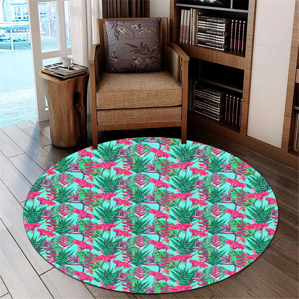 Tropical Strelitzia Blue Round Carpet - AH Round Carpet Luxurious Plush - Polynesian Pride