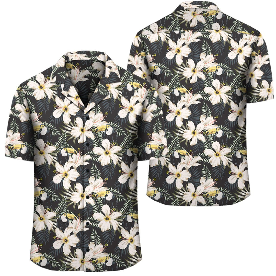 Tropical Toucans Hibiscus Palm Leaves Hawaiian Shirt Unisex Black - Polynesian Pride