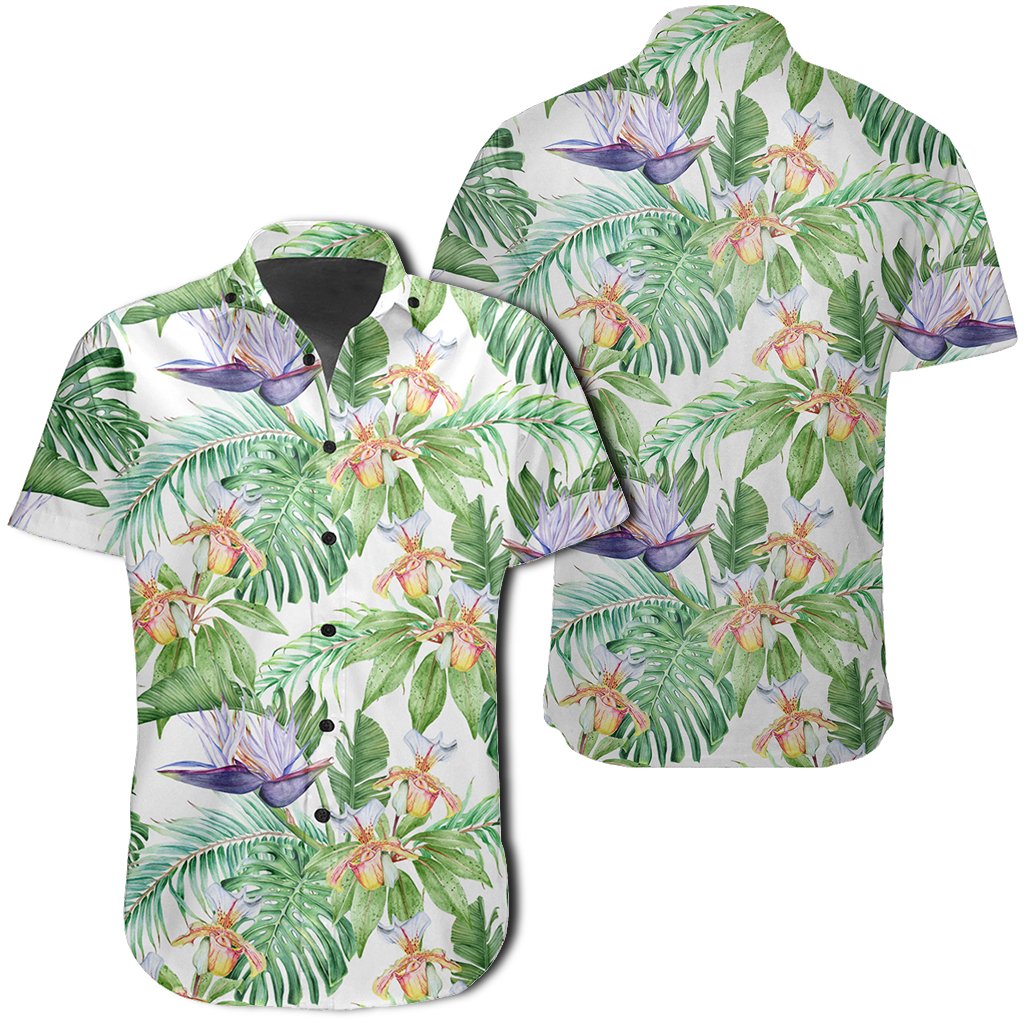 Hawaiian Shirt - Tropical Orange Orchids Strelitzia Monstera Shirt Unisex Black - Polynesian Pride