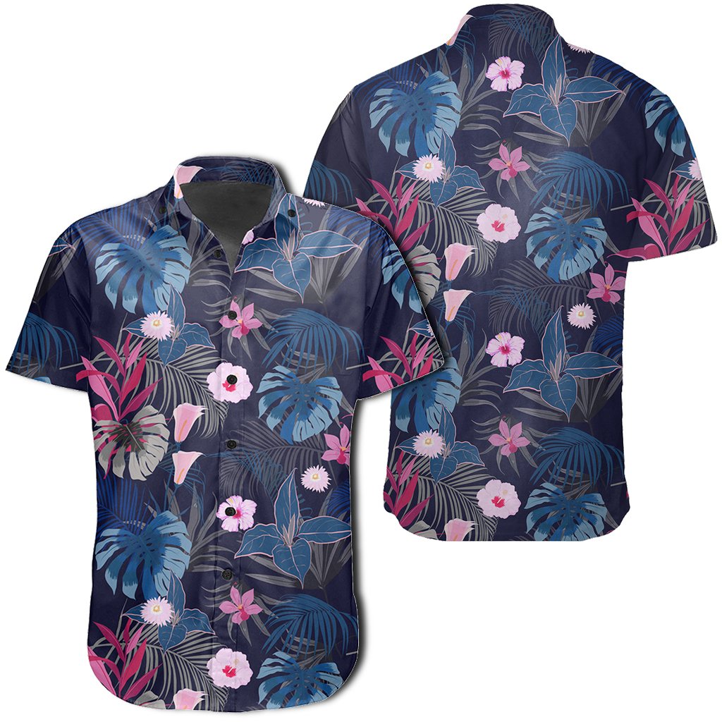 Hawaiian Shirt - Tropical Palm Tree And Flower Shirt Unisex Black - Polynesian Pride