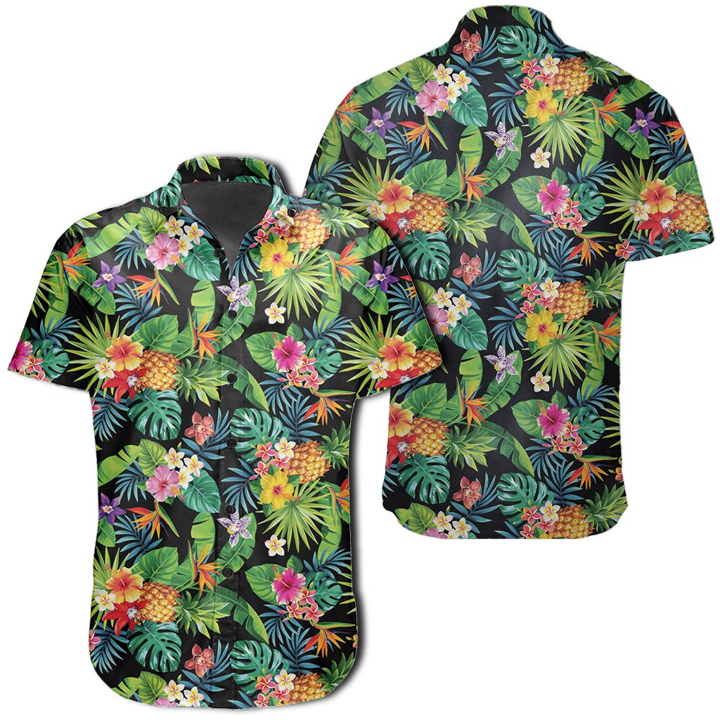 Hawaiian Shirt - Tropical Pattern With Pineapples, Palm Leaves And Flowers Shirt Unisex Black - Polynesian Pride